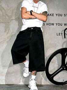 Loose Wide Leg Y2K Casual Bermuda Denim Shorts Suitable For City Walking, Hanging Out, Family Outdoor Activities - Black - View 4