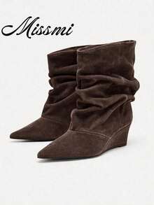 French Blogger Style Pointed Toe Wide Shaft Knee-High Boots, Nordic Kitten Heel Riding Boots For Women, INS - Coffee Brown - View 1