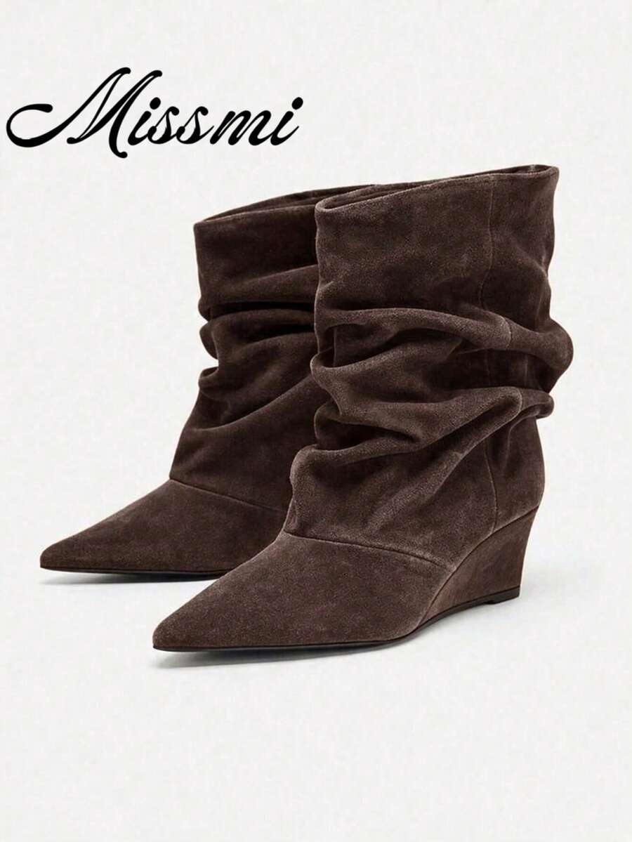French Blogger Style Pointed Toe Wide Shaft Knee-High Boots, Nordic Kitten Heel Riding Boots For Women, INS - Coffee Brown - View 1