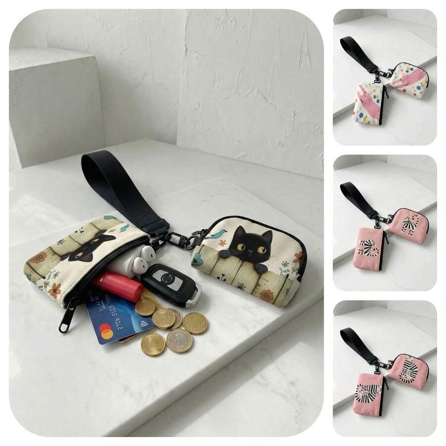 1pc Cartoon Cat Print 2-In-1 Wristlet Coin Purse, Key & Earphone Pouch, Lipstick & Card Holder, For All-In-One Storage Of Small Miscellaneous Items - Multicolor - View 1