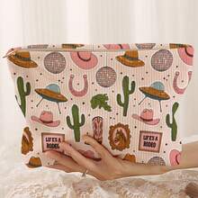 1pc Portable Cosmetic Storage Bag, Denim Hat Cactus UFO Pattern Double-Sided Printed Travel Zipper Makeup Pouch, Multi-Function Toiletries Organizer - Multicolor - View 6