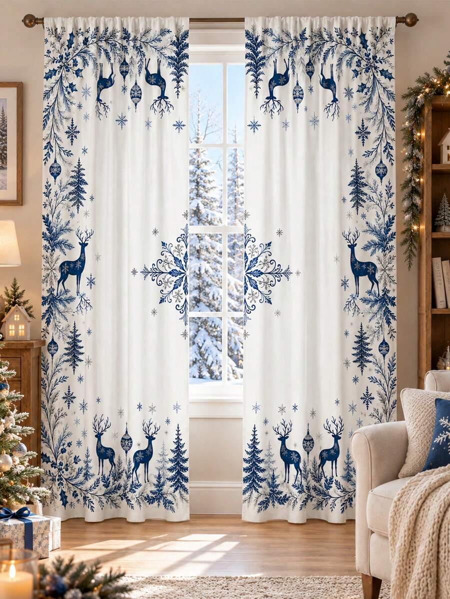 2pcs Christmas Printed Polyester Curtains, Blue White Reindeer Snowflake Pine Branch Christmas Tree Ornament Pattern, Winter Snowy Forest Window Drapes For Living Room Bedroom Dining Room Holiday Party Home Decor - F - View 1