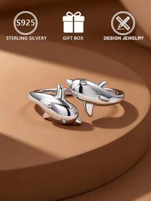 1pc 925 Sterling Silver Women's Ring, Double Dolphin Design, Adjustable Open Band, Micro-Inlaid Zirconia - Silver - View 4
