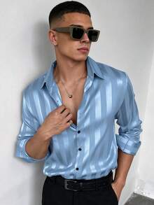 WAIT HIM Men's Striped Print Button-Front Casual Long Sleeve Shirt - Baby Blue - View 2