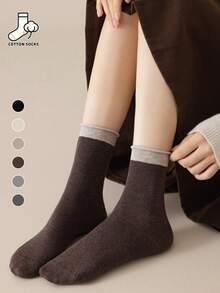 6 Pairs Women's Rolled Cuff Mid-Calf Socks, Cotton Solid Color Contrast Socks, Simple Basic Breathable Slouch Socks - Multicolor - View 1