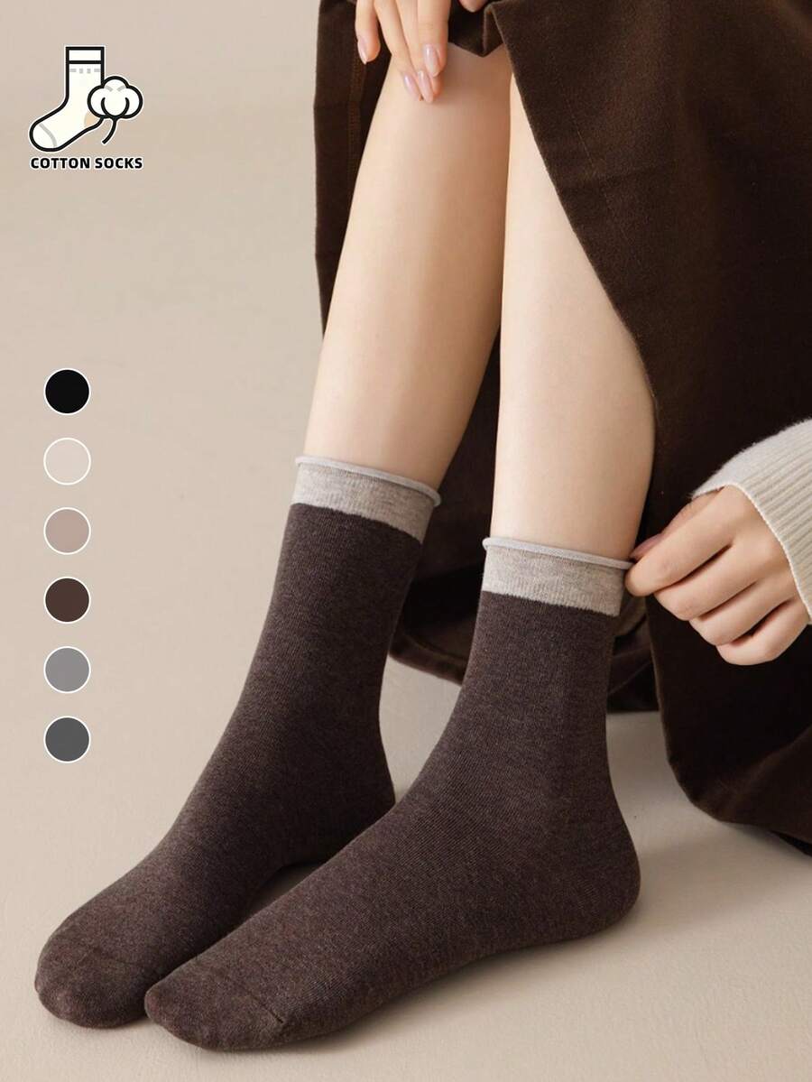 6 Pairs Women's Rolled Cuff Mid-Calf Socks, Cotton Solid Color Contrast Socks, Simple Basic Breathable Slouch Socks - Multicolor - View 1