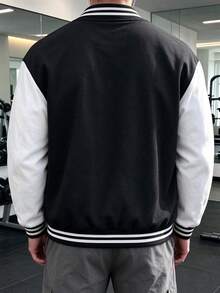 Men's Colorblock Baseball Jacket, Loose Fit, Versatile Commuter Sports Casual Outerwear, Autumn/Winter - Black - View 3