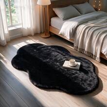 1pc Washable Non-Slip Black Asymmetrical Cloud Shape Faux Rabbit Fur Decorative Rug, Soft Skin-Feel Surface With Non-Slip Bottom, Pure Black Design Style, High-End Minimalist And Elegant, Reflects Owner's Sophisticated Aesthetic, Suitable For Living Room, Bedroom, Bedside, Sofa Side, Study, Dressing Room, Vanity And Other Multiple Living Scenes, All-Season Daily Use, 1pc Black Asymmetrical Cloud Shape Faux Rabbit Fur Rug, Bedroom Bedside, Black Faux Rabbit Fur Asymmetrical Fluffy Area Rug For Bedroom Living Room - Black - View 1