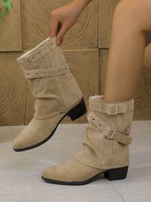 Women's Vintage Western Cowboy Boots, Faux Suede Ruffled Mid-Calf Design, Multi-Buckle Pointed Toe Low Chunky Heel Street Casual Boots - Khaki - View 1