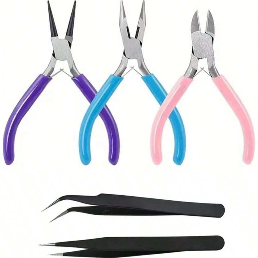 3/5pcs Colorful Jewelry Pliers Set, Professional Jewelry Making Tools, Includes Round Nose Pliers/Pointed Nose Pliers/Diagonal Cutter, Smooth Toothless Pliers Head, Paired With Open Ring Accessories And Tweezers, Suitable For Handmade DIY Jewelry Making - Multi-color - View 1
