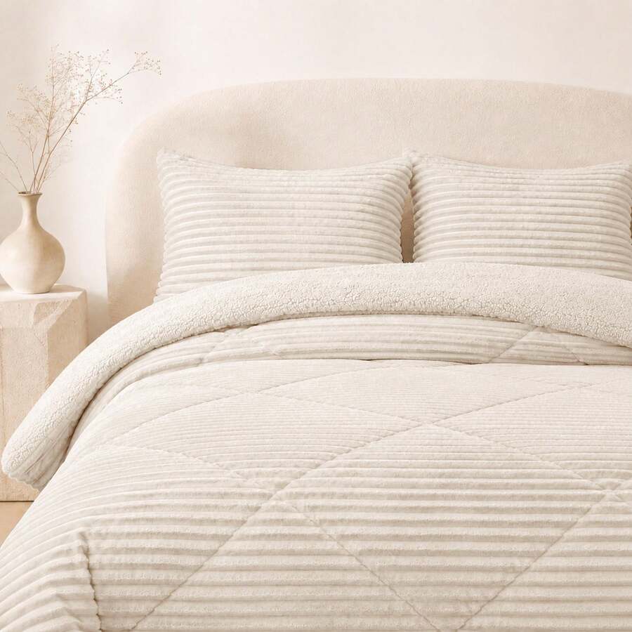 Juego de Edredón Sherpa Reversible con Textura Acanalada 3D y Fundas de Almohada, Suave, Cálido y Mullido, Ropa de Cama de Invierno para Dormitorio - Beis - Ver 1