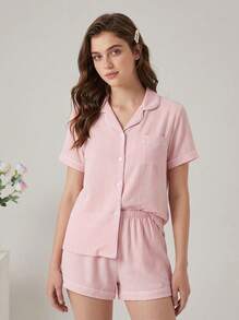 Aesletic 2pcs/Set Women's Crinkle Black Solid Color Summer Pajama Set, Short Sleeve Button-Up Shirt And Shorts, Casual Loungewear - Pink - View 2