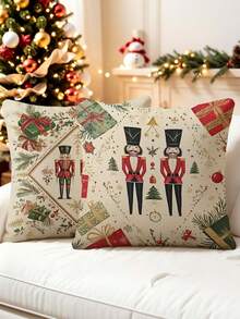 2Pcs Retro Nutcracker Soldier Throw Pillow Covers, Vintage Christmas Art Print Cushion Shell For Couch Bed Winter Xmas Decoration - Multicolor - View 4