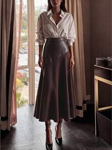 Women's Autumn/Winter Solid Color High Waist Elegant Fashion Patchwork Faux Leather Design Versatile Retro Elegant Drape Commute A-Line Umbrella Skirt - Coffee Brown - View 2