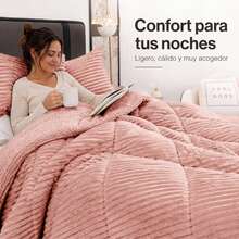 Juego de Edredón Sherpa Reversible con Textura Acanalada 3D y Fundas de Almohada, Suave, Cálido y Mullido, Ropa de Cama de Invierno para Dormitorio - Rosa - Ver 3