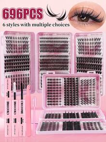 CMAYOME 696/504PCS DIY Cluster Lashes Kit, Wheat Spike, Fairy Lashes & Cat Eye Individual Lash Clusters, Wispy Spiky False Eyelashes With Lash Glue, Tweezers & Single-Head Brush - Pink - View 16