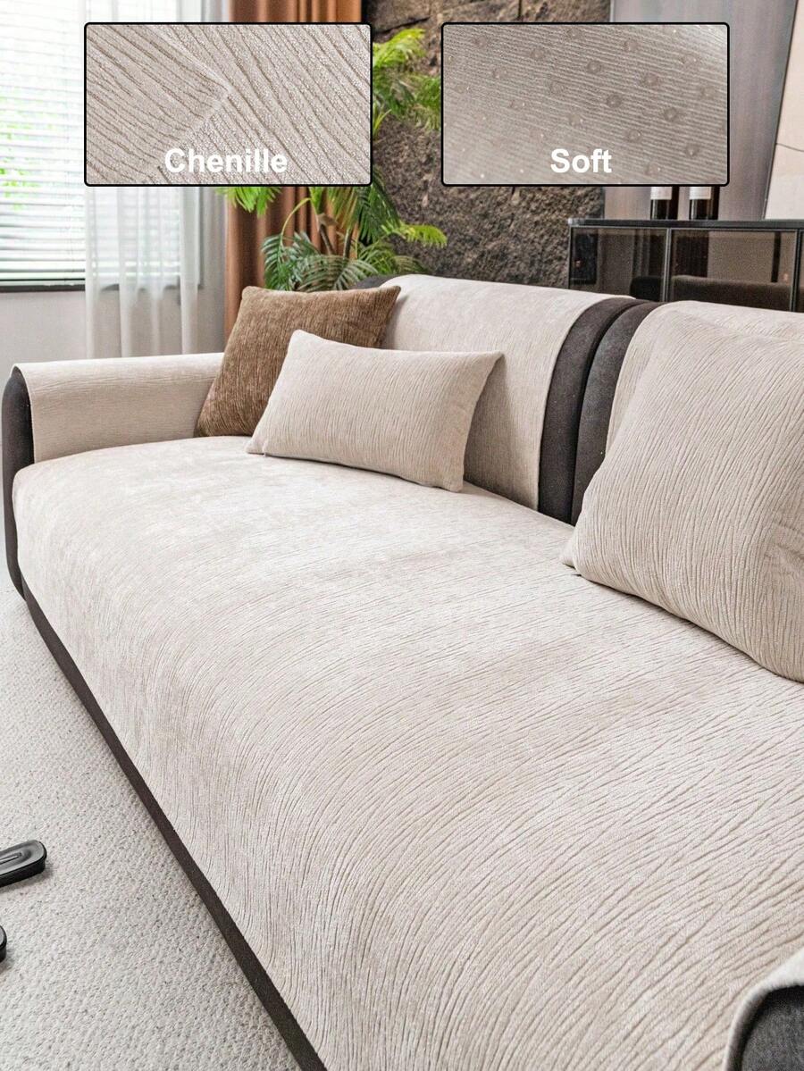 1pc Solid Color Chenille Sofa Cushion, Minimalist Chic Style Sofa Cover, Anti-Slip Anti-Cat Scratch Sofa Protector, Home Decor Suitable For 1/2/3/4 Seater Sofa, All Season - Beige - View 1