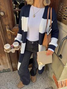 Live To Mo Women's Color Block Striped Hollow Out Long Knit Cardigan, Lantern Sleeve Long Sweater Jacket, Suitable For Autumn Back To School, Daily Casual Outings - Blue and White Stripes - View 3