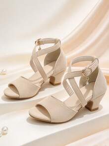 1 Pair Girls Chunky Heel Sandals, Matte PU Cross-Woven Decor, Round Toe Open Toe Flat Non-Slip Design, Simple Versatile Classic Elegant High Heel Sandals Suitable For Daily Campus And Party - Apricot - View 6