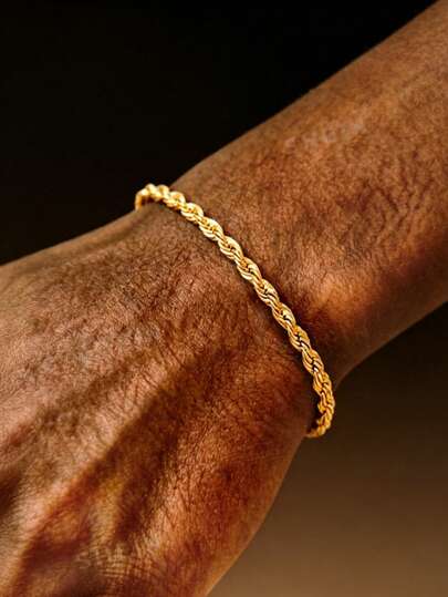 1pc Stainless Steel Electroplated 18K Gold Twisted Chain Men's Bracelet, Minimalist, Sporty And Fashionable, Suitable For Hip-Hop And Street Dance Outfits