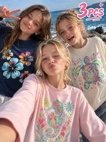 Tween Girl 3pcs Printed Long Sleeve T-Shirts, Suitable For Girls' Autumn/Winter Tops, Young Student Children's Clothing, Suitable For Outerwear And Layering - Multicolor - View 2