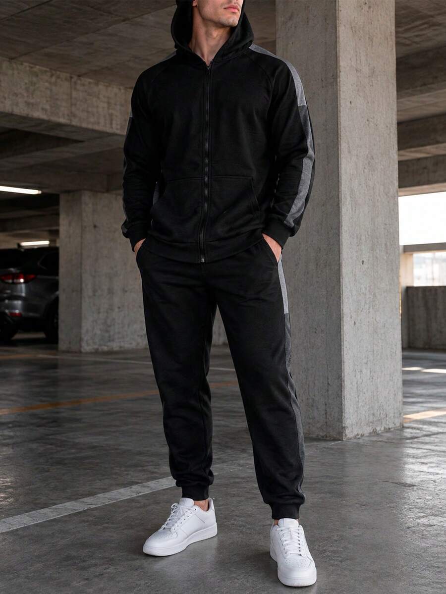 Conjunto de pants y sudadera para hombre, sin estampados. Con bota semi-entubada, talle de cintura, bolsillos laterales. Cuello redondo con capucha, silueta con ajuste, cierre y bolsillos. - Negro - Ver 1