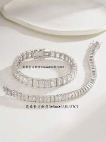 Besthing 1pc Long Ladder Square Moissanite Full Diamond Tennis Bracelet, Luxury Sparkling High-End Holiday Gift Wedding Party Accessory - Silver - View 4