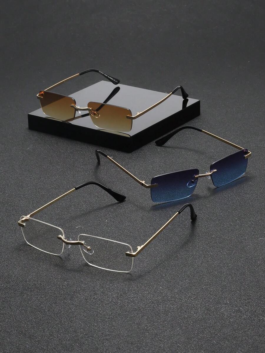 3 Pairs Men's Fashion Retro Style Rectangular Glasses, Suitable For Vacation, Party, Daily Life, Fits All Face Shapes. - Multicolor - View 1