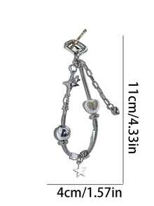 1pc Silver Star & Heart Beaded Keychain Phone Charm Bag Pendant DIY Snake Chain Pendant - Silver - View 5