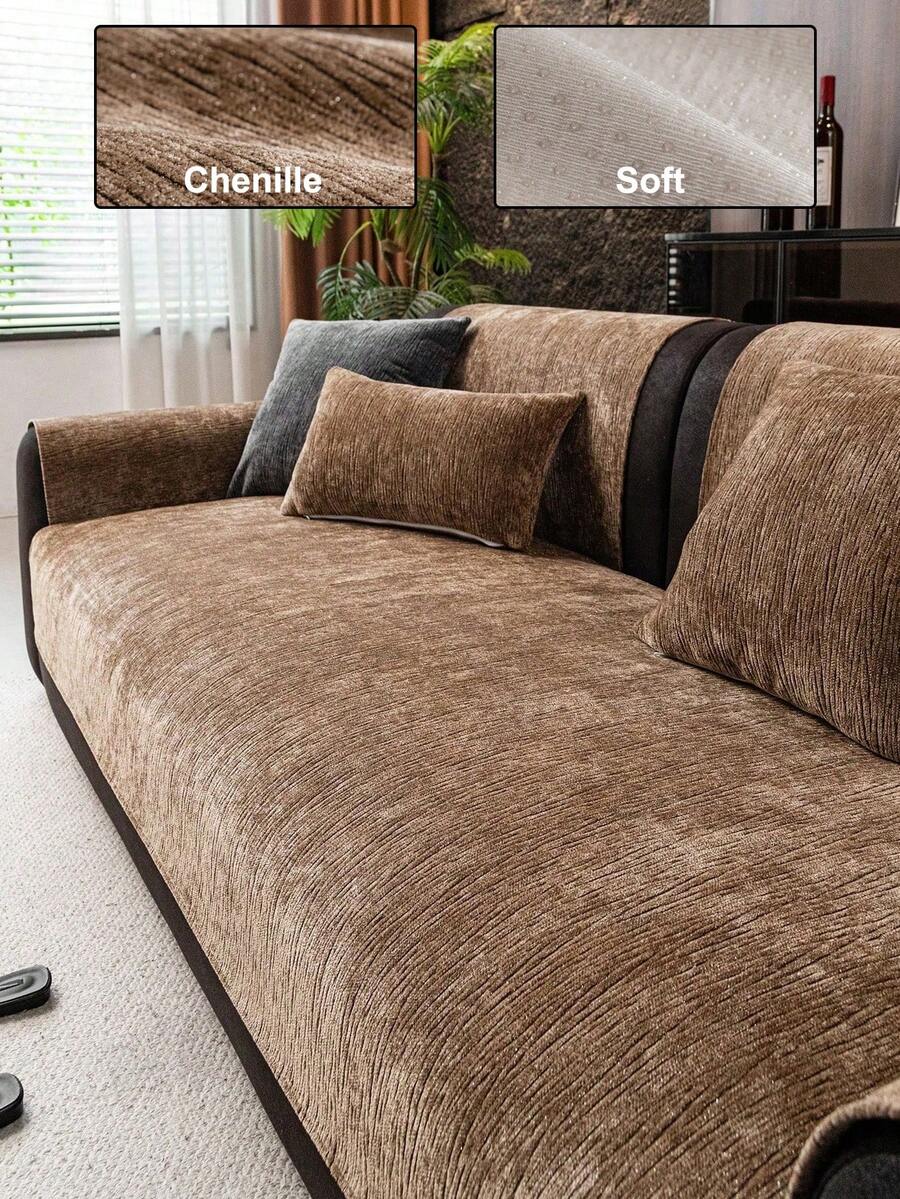 1pc Solid Color Chenille Sofa Cushion, Minimalist Chic Style Sofa Cover, Anti-Slip Anti-Cat Scratch Sofa Protector, Home Decor Suitable For 1/2/3/4 Seater Sofa, All Season - Brown - View 1