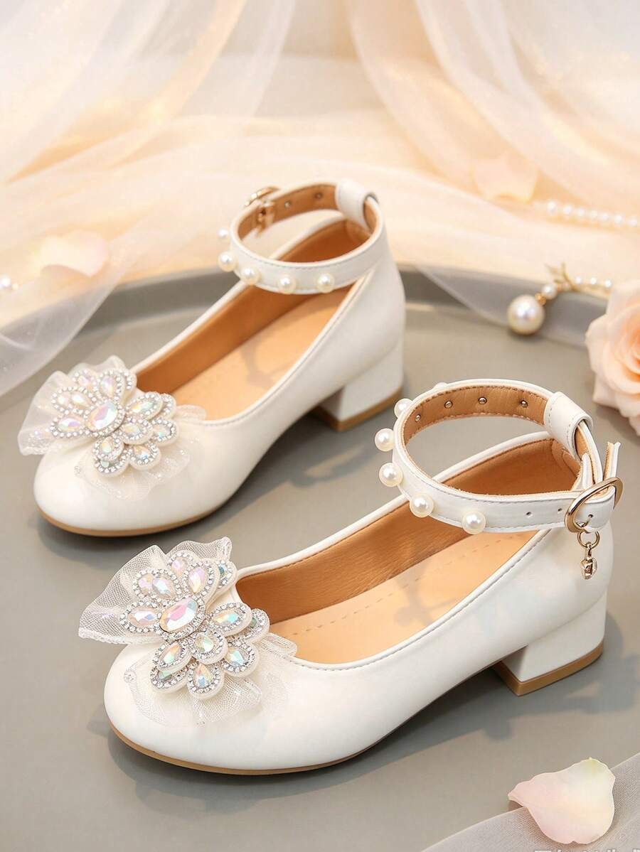 1 Pasang Sepatu Hak Tebal Putri, Bahan PU Lembut + Jala, Dekorasi Pita Kristal Warna-warni, Ujung Bulat, Sol Datar Anti Selip, Desain Satu Tali dengan Pengait & Perekat, Modis & Imut, Sepatu Hak Tinggi untuk Pesta, Cocok untuk Pertunjukan Sekolah, Ulang Tahun - Putih - View 1