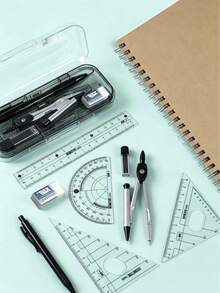 Juego de 9 piezas de dibujo de geometría matemática en negro, compás, regla, transportador, regla triangular, lápiz mecánico, borrador, recambios de mina con caja de almacenamiento, artículos de papelería escolar, regalo de Navidad - A - Ver 2