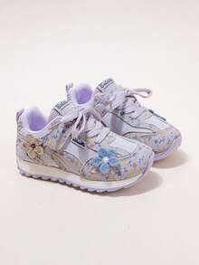 女童魔鬼氈穿脫式休閒運動鞋，花卉拼接鞋面搭配3D花朵裝飾，輕量防滑 - 紫色 - 查看 6