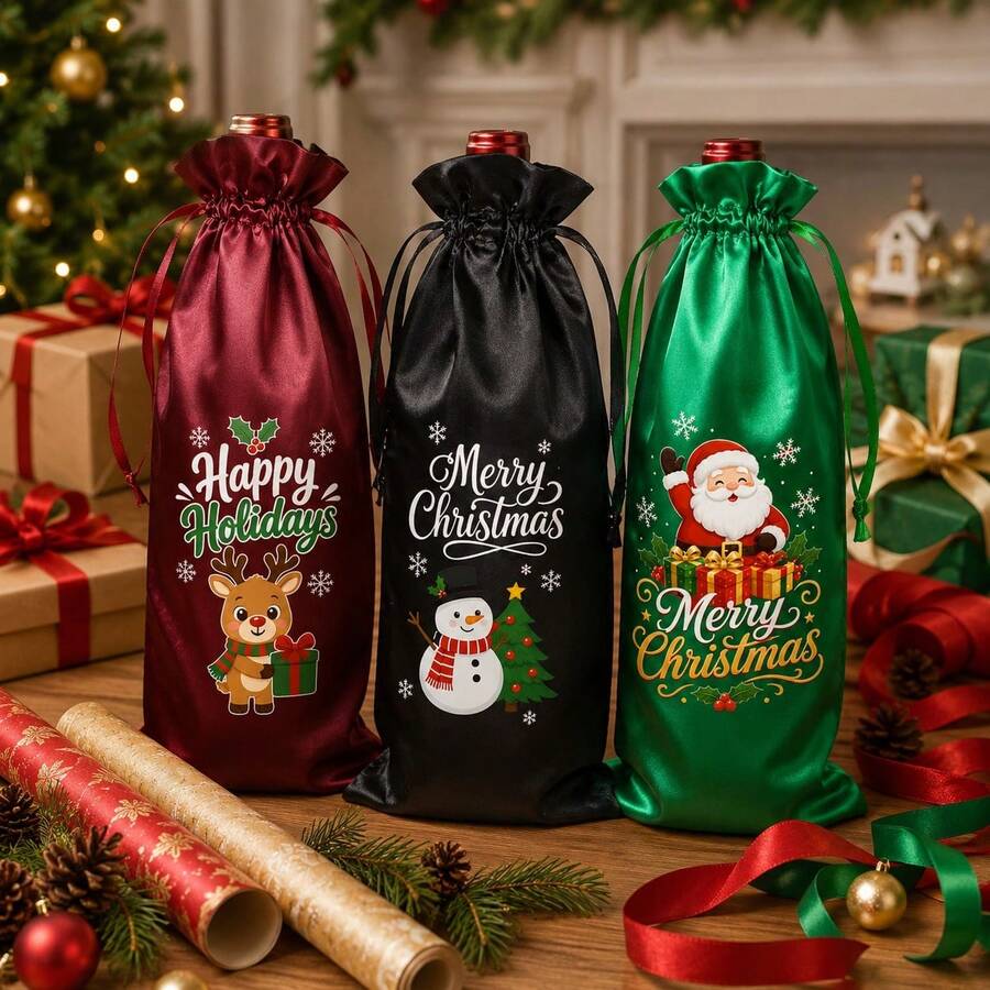 1pc Christmas Wine Bottle Gift Bag - 3 Styles Randomly Selected (Red ...