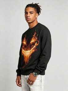 Men's Flame Demon Grinning Graphic Crew Neck Sweatshirt, Flame Evil Smile, Long Sleeve Loose Streetwear Pullover, Suitable For Daily Wear And Halloween Holiday Outfit - Multicolor - View 1