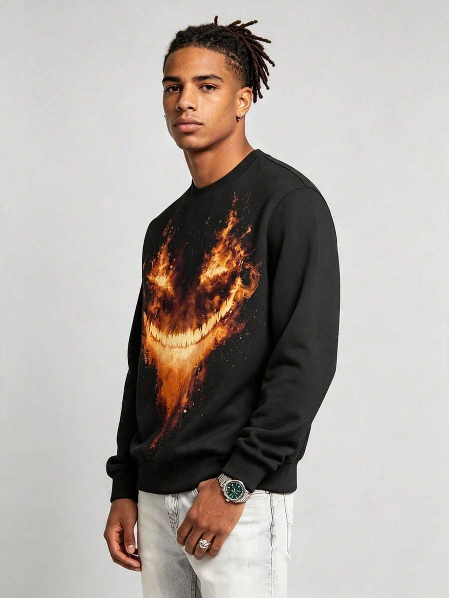 Men's Flame Demon Grinning Graphic Crew Neck Sweatshirt, Flame Evil Smile, Long Sleeve Loose Streetwear Pullover, Suitable For Daily Wear And Halloween Holiday Outfit - Multicolor - View 1