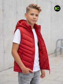 Big City Chaleco acolchado juvenil con capucha, cierre completo y bolsillos laterales. Prenda ligera, cómoda y abrigadora para uso diario, escuela, paseos, otoño e invierno casual y urbano. - Rojo - Ver 3