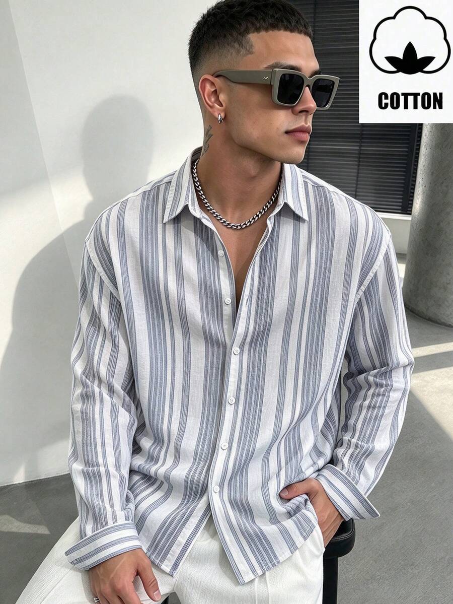 WAIT HIM Men's Casual Vacation Striped Long Sleeve Shirt - Blue and White - View 1