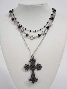 3pcs Vintage Gothic Black Beaded Star Round Bead Rhinestone Cross Hip Hop Men's Necklace Set - Black Silver - View 1