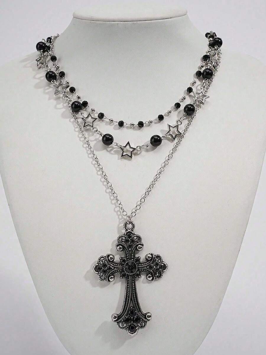 3pcs Vintage Gothic Black Beaded Star Round Bead Rhinestone Cross Hip Hop Men's Necklace Set - Black Silver - View 1