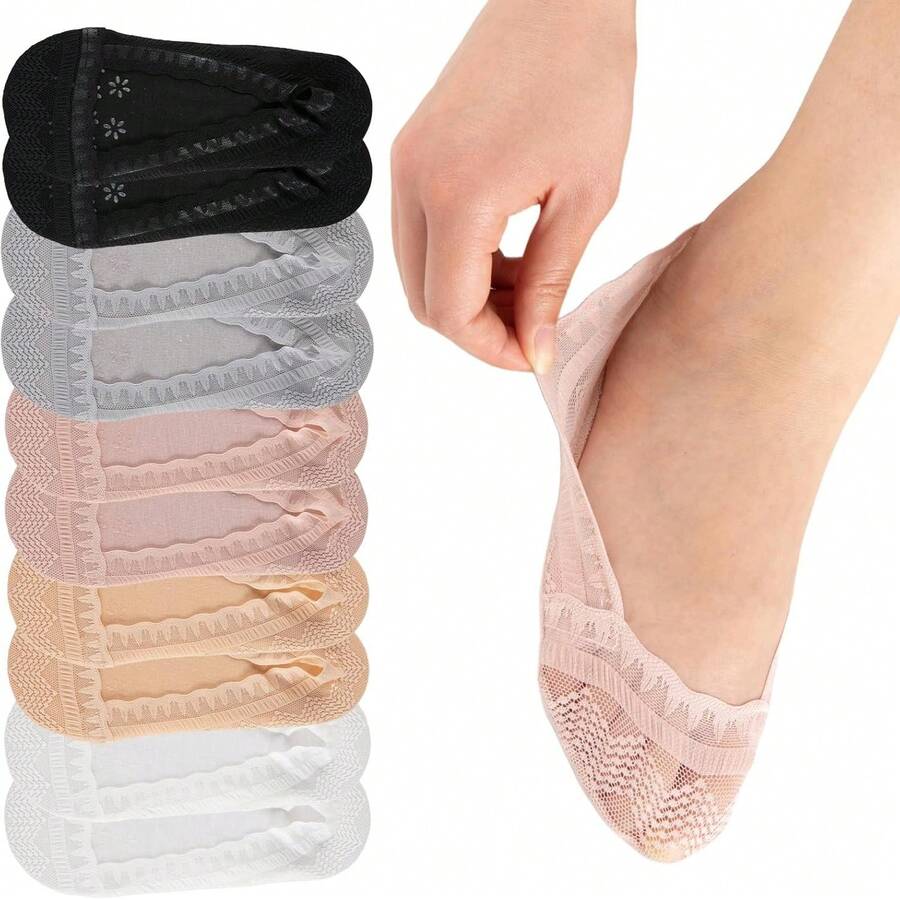 5/10 Pairs Women's Summer Mesh Low-Cut Elastic Slip-On Solid Color Boat Socks - Multicolor - View 1