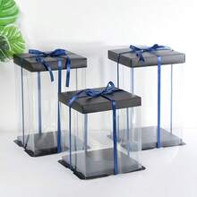 1 pieza Caja de regalo transparente - Caja de embalaje para oso de rosas artificiales - Caja de regalo transparente de PVC DIY - Decoración para bodas y cumpleaños (Incluye cinta) - Negro - Ver 4