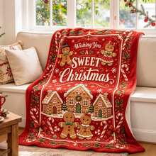 1PC Red Gingerbread House & Gingerbread Man Print Flannel Blanket, Christmas Holiday Sofa Decorative Throw - Multicolor - View 2