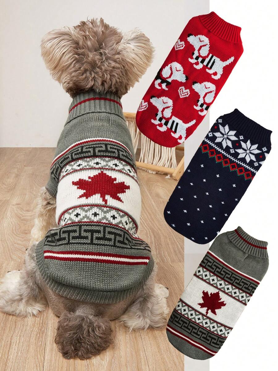 Pet Turtleneck Knit Jumper, Maple Leaf Dachshund Printed Warm Dog Sweater For Small Dogs - Multicolor - View 1