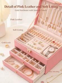3/2/1 Layer Large Capacity Jewelry Storage Box, Portable Jewelry Organizer, Vanity Jewelry Box With Drawers, Gift Leather Jewelry Box, Exquisite Display Packaging Storage Box, Back To School Dorm Storage Box - Multicolor - View 5