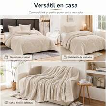 Juego de Edredón Sherpa Reversible con Textura Acanalada 3D y Fundas de Almohada, Suave, Cálido y Mullido, Ropa de Cama de Invierno para Dormitorio - Beis - Ver 7