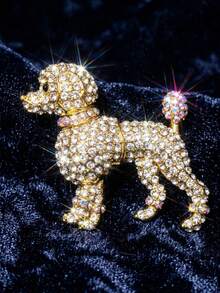 1pc Glamorous Gold Rhinestone Poodle Dog Brooch Pin Vintage Iridescent AB Crystal Animal Lapel Pin Cute Pet Lover Fashion Jewelry Gift Accessories - Multicolor - View 2