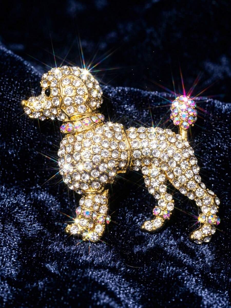 1pc Glamorous Gold Rhinestone Poodle Dog Brooch Pin Vintage Iridescent AB Crystal Animal Lapel Pin Cute Pet Lover Fashion Jewelry Gift Accessories
