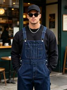 Men's Dark Blue Denim Overalls, Non-Stretch Straight Leg Cargo Pants With Chest Pocket, Multiple Utility Pockets And Adjustable Shoulder Straps - Navy Blue - View 10
