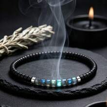 Labradorite Beaded Bracelet, Magic Stone To Inner Intuition, Natural Iridescent Matte Black Disc Beads, Men's Healing Jewelry Gift - Multicolor - View 3